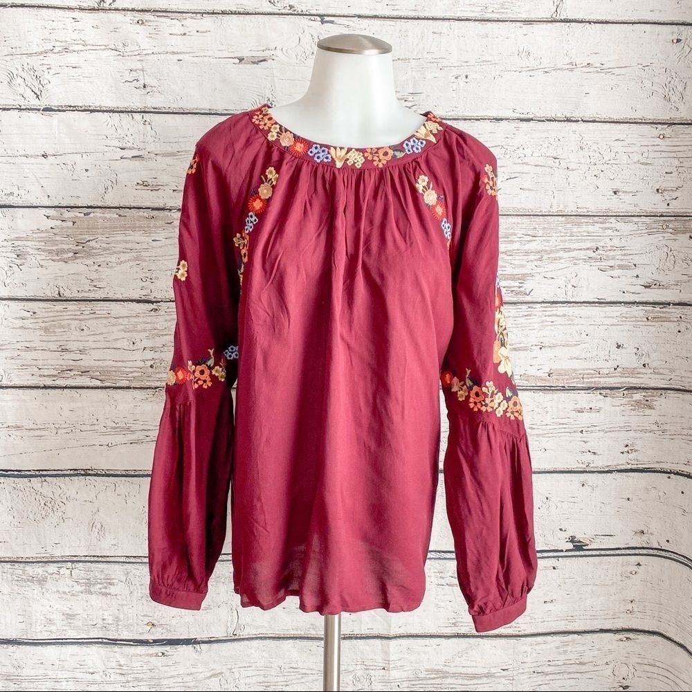 JODIFL Burgundy Floral Embroidered Peasant Blouse